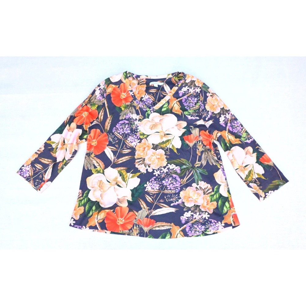 Chicos Womens 1 US M 100% Pima Cotton Floral Knit Top Navy Faux Wrap Shirttail